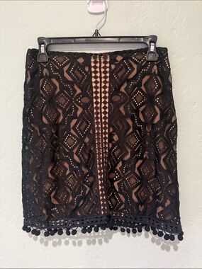 For Love & Lemons Black Lace High-Waisted Mini Skirt with Nude Underlay